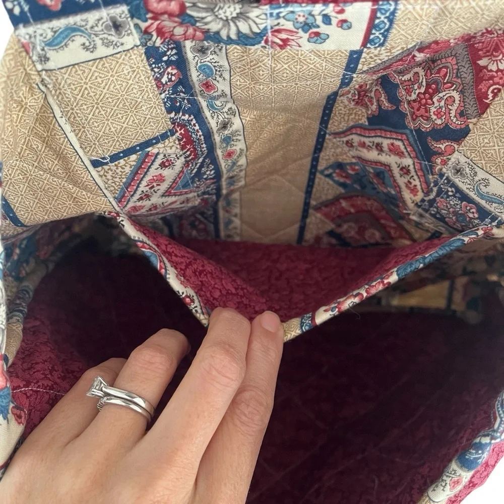 Vintage 90s handmade quilted floral stripe tote bag pink blue cream